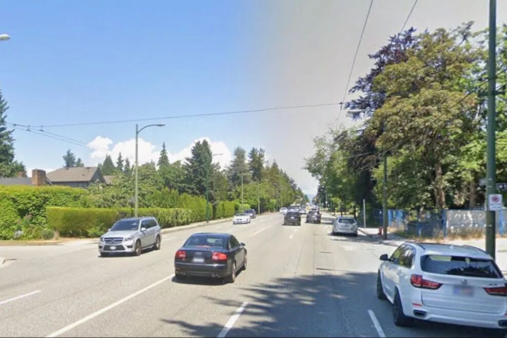 溫哥華 Granville Street 路段的街景與通行車輛，未展示事故傷者