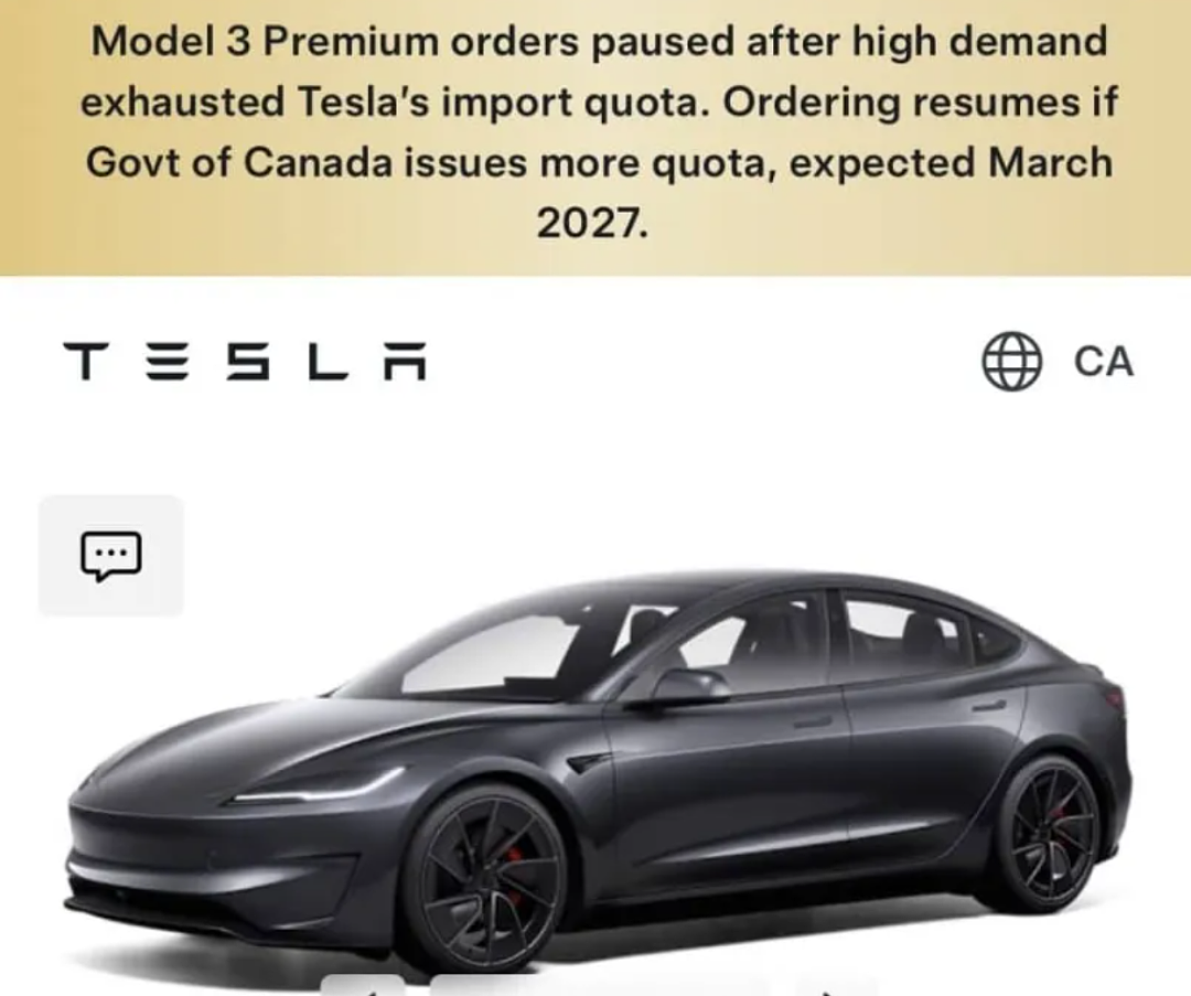 特斯拉加拿大訂購頁面截圖，包含 Model 3 和暫緩接單提示