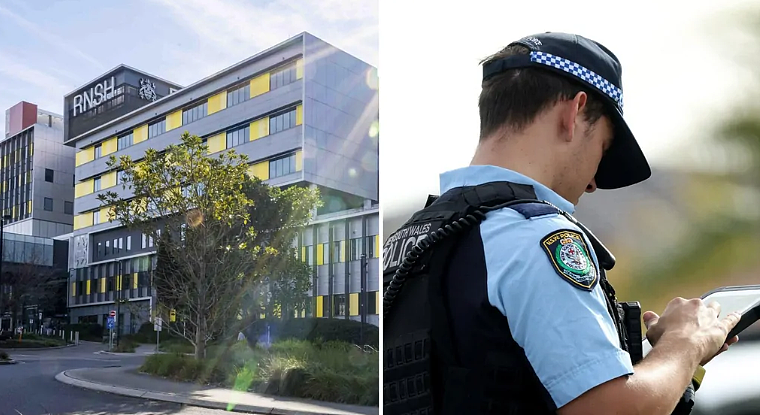 Royal North Shore Hospital 建筑与警员的资料拼图，并非袭击画面
